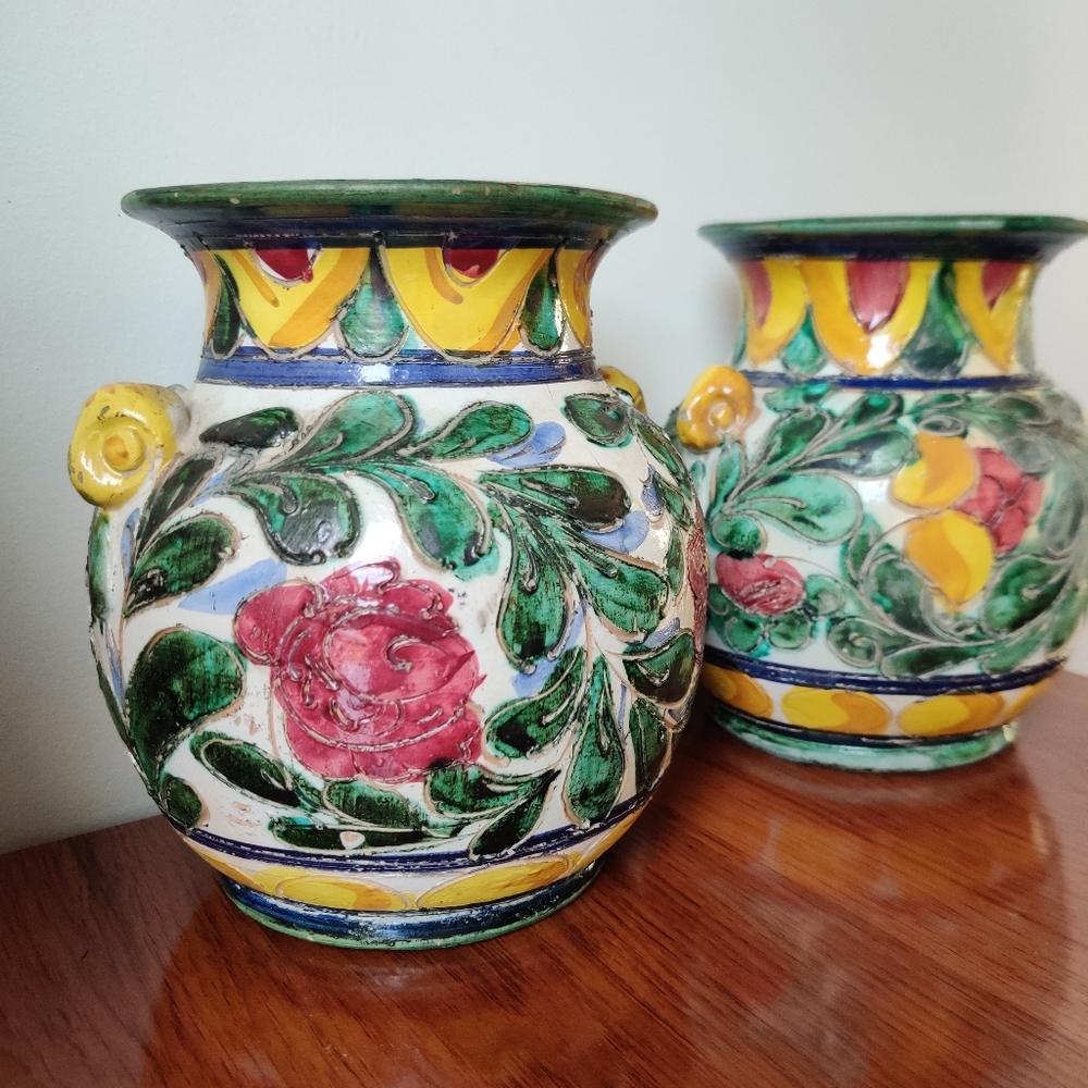 Antique Majolica Pair of Vases Urns Terra cotta